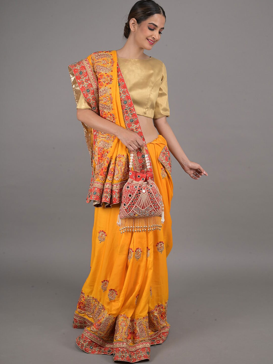 

ODETTE Floral Embroidered Beads and Stones Saree, Yellow