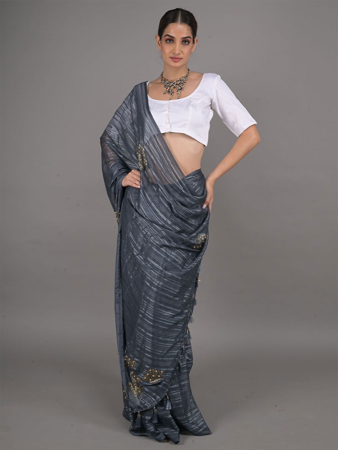 ODETTE Beads and Stones Striped Saree, Charcoal