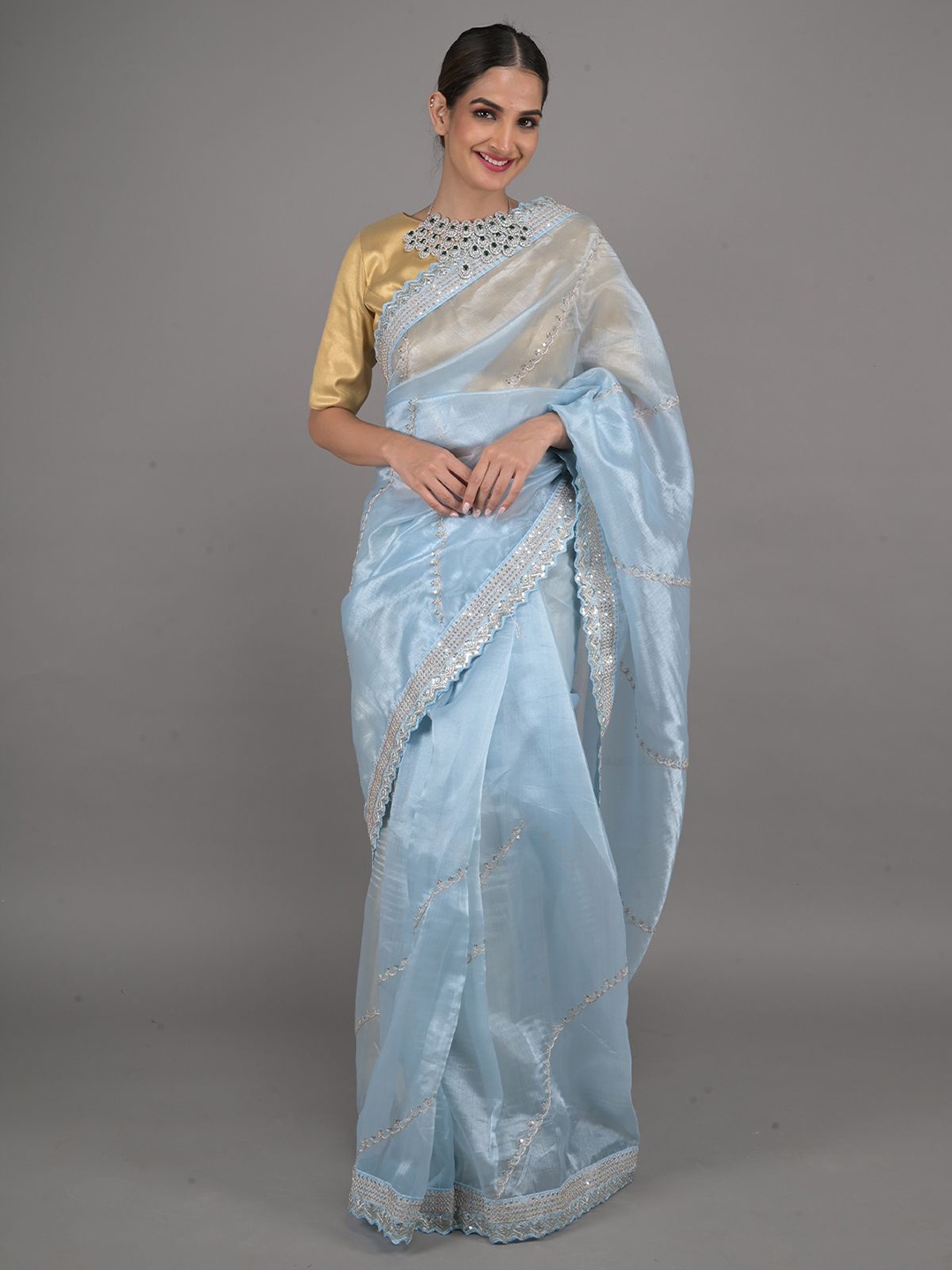 

ODETTE Floral Embroidered Organza Saree, Blue