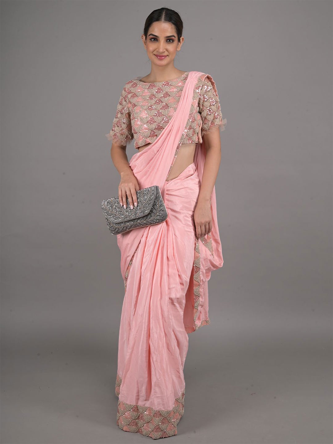 

ODETTE Sequinned Embroidered Saree, Peach