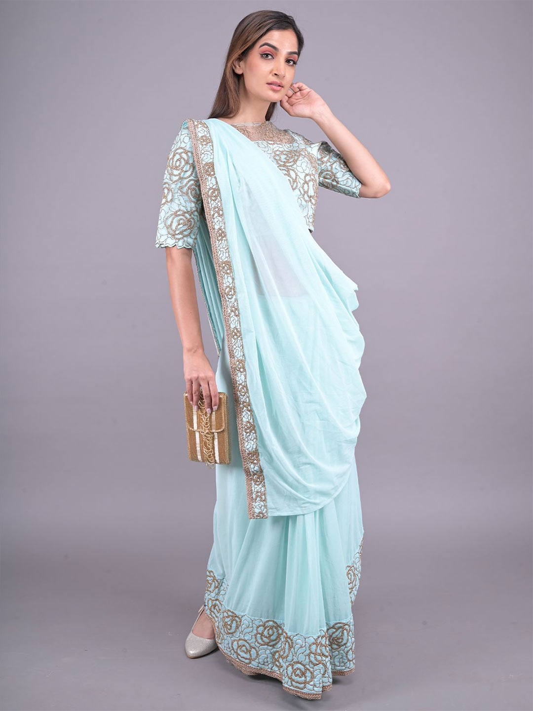 

ODETTE Embroidered Net Saree, Blue