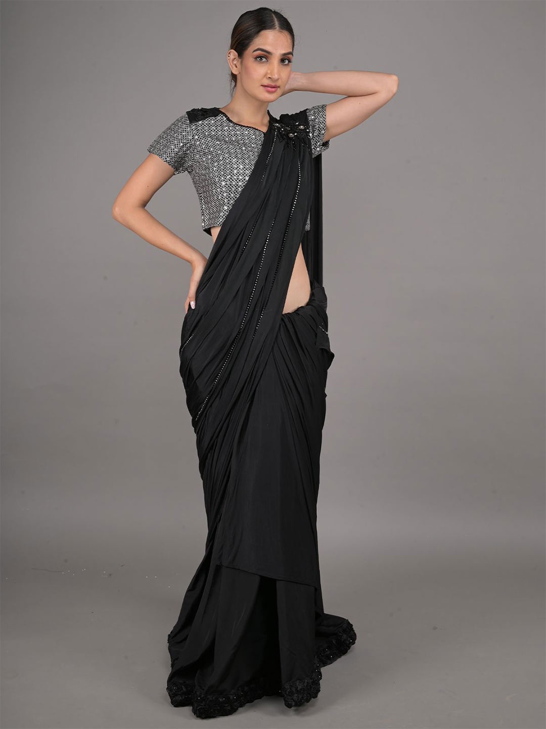 

ODETTE Sequinned Saree, Black