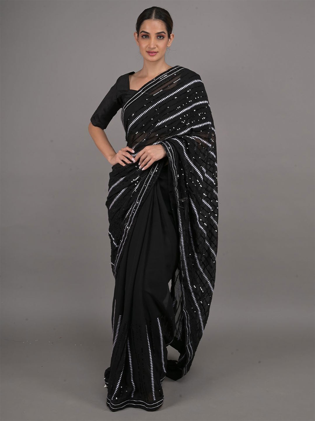 

ODETTE Embellished Sequinned Saree, Black