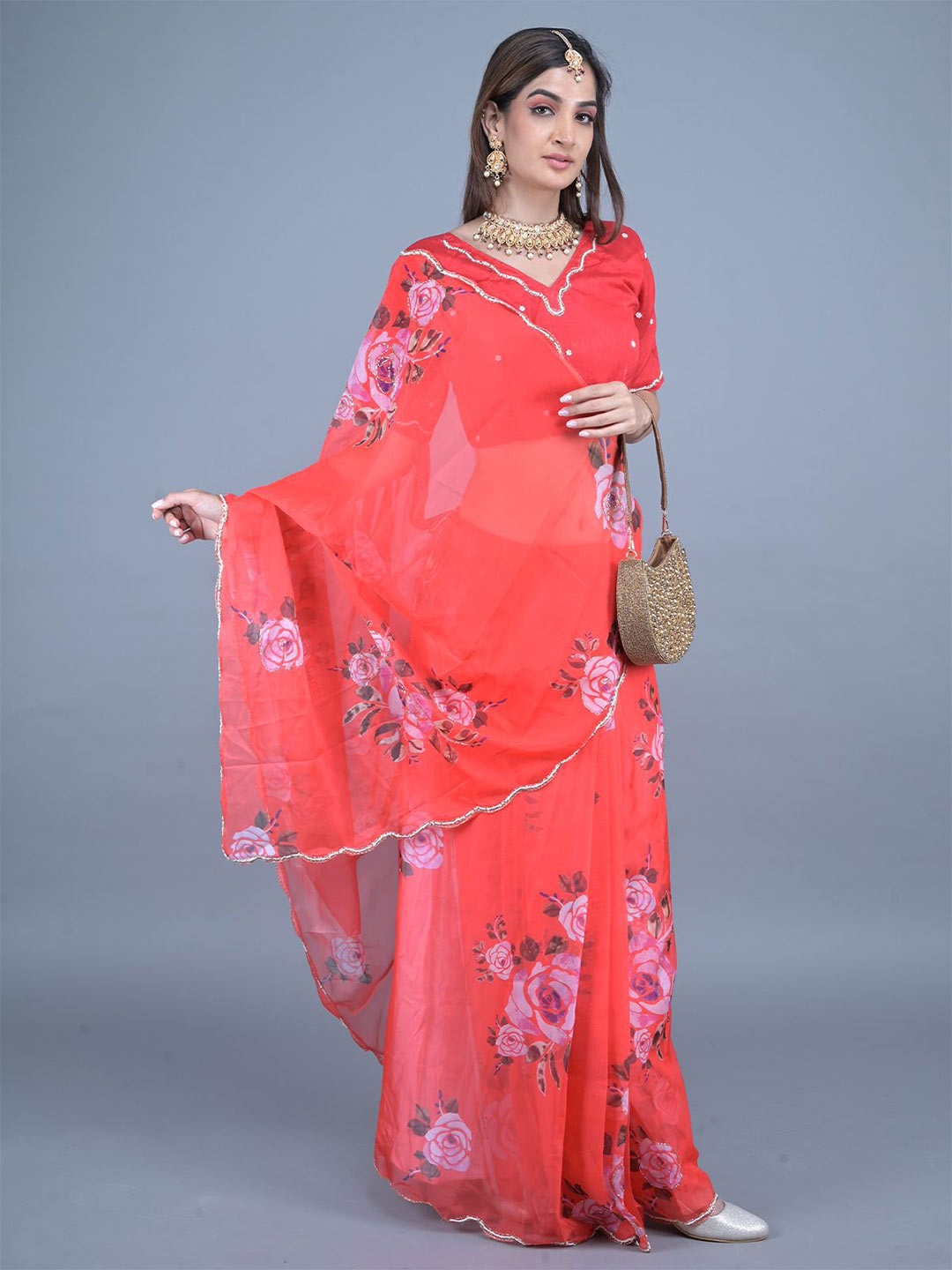 

ODETTE Floral Embroidered Organza Saree, Red