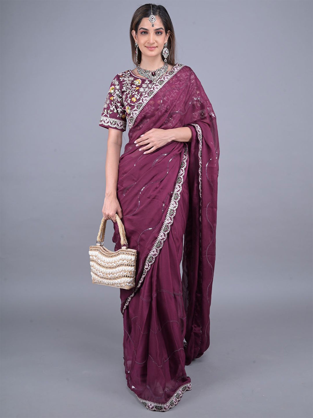 

ODETTE Embellished Sequinned Satin Saree, Purple