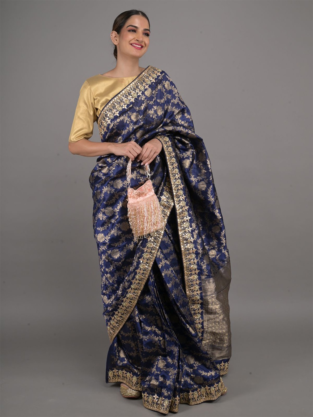 

ODETTE Floral Embroidered Saree, Navy blue