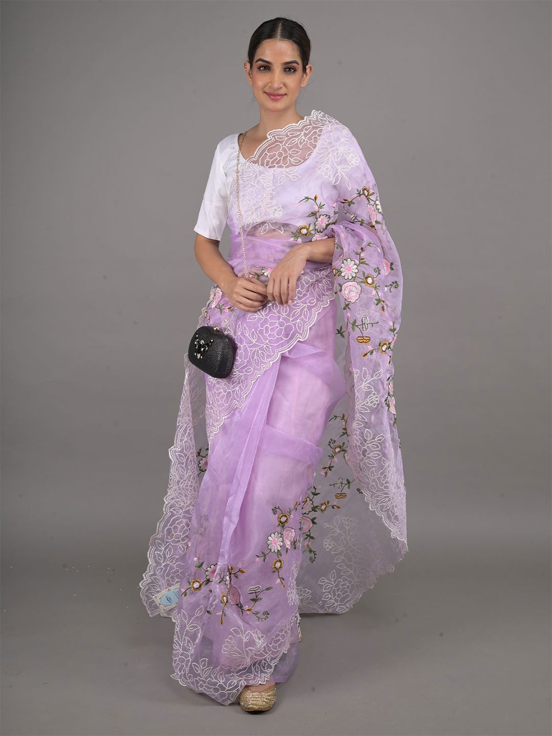 

ODETTE Floral Embroidered Organza Saree, Lavender