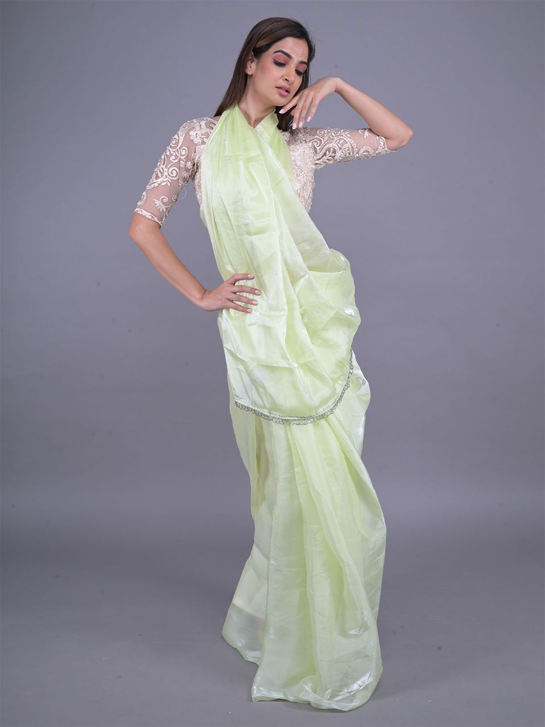 

ODETTE Embroidered Tissue Saree, Lime green