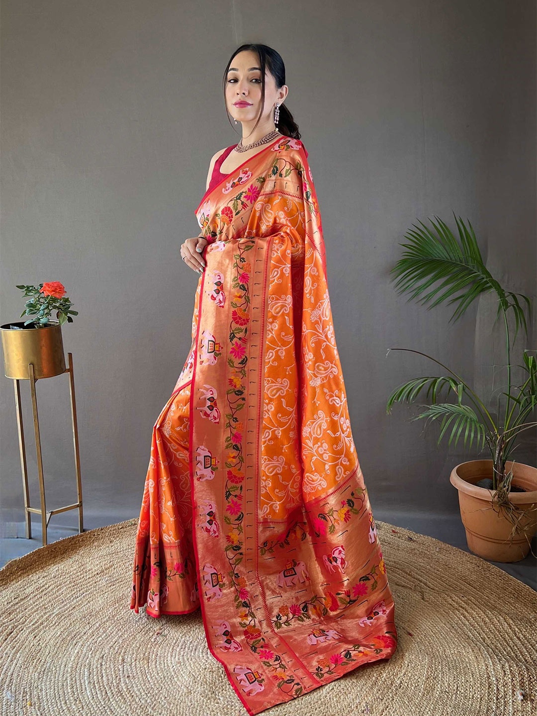 

Panzora Woven Design Zari Paithani Saree, Orange