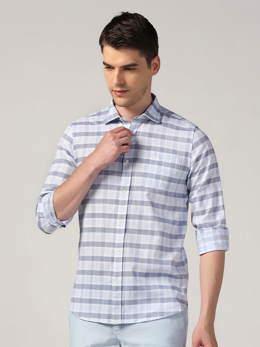 

Blackberrys Cutaway Collar Long Sleeves Slim Fit Checked Cotton Casual Shirt, Blue