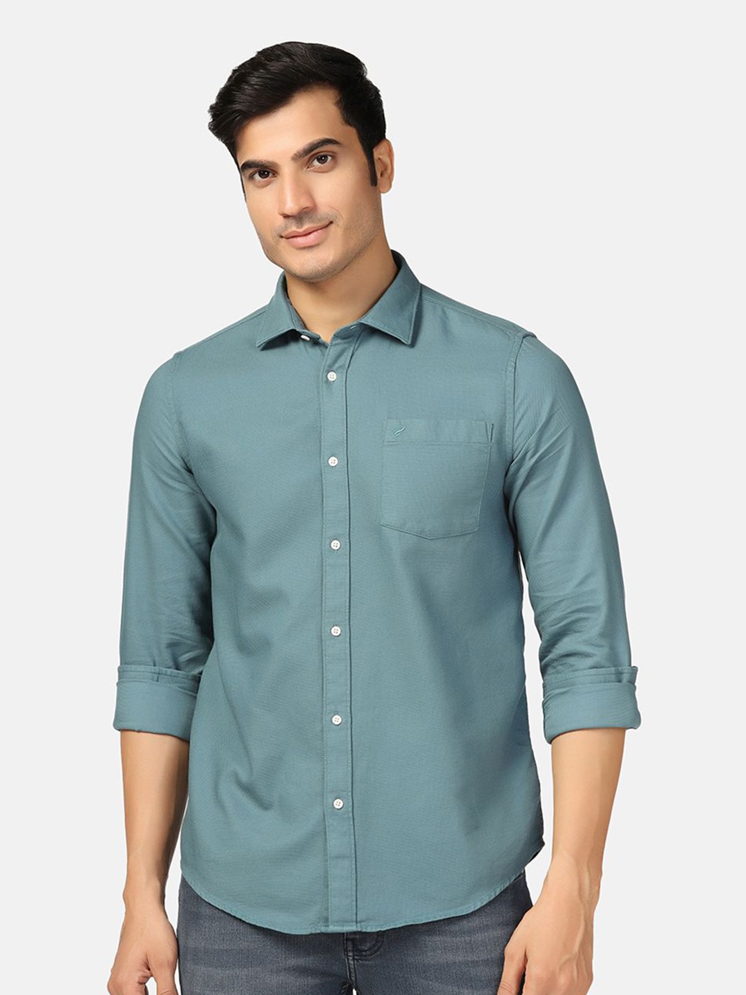 

Blackberrys Cutaway Collar Long Sleeves Slim Fit Cotton Casual Shirt, Teal