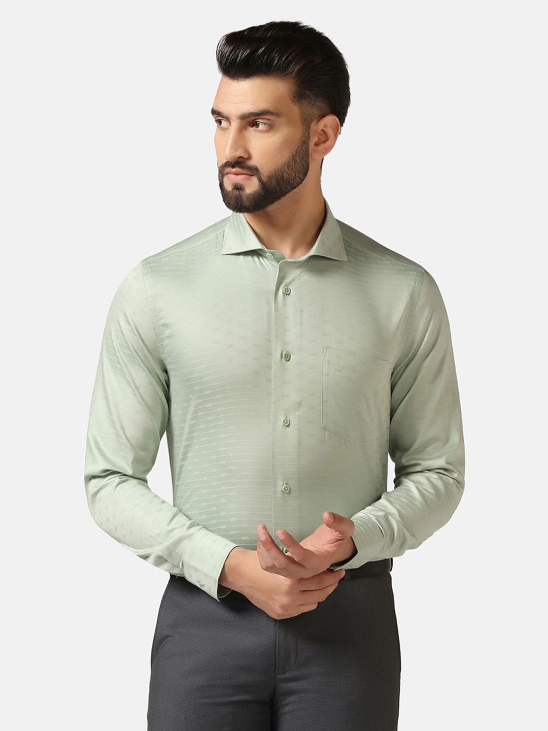 

Blackberrys Striped Cutaway Collar India Slim Fit Formal Shirt, Green