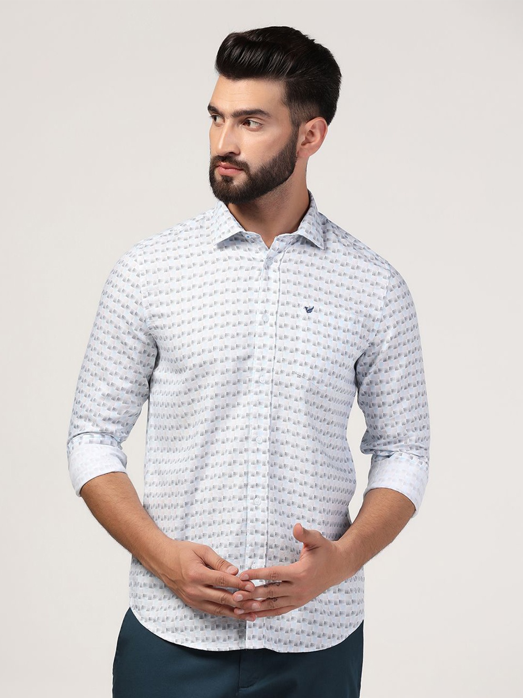

Blackberrys Spread Collar Long Sleeves Slim Fit Geometric Printed Cotton Casual Shirt, White