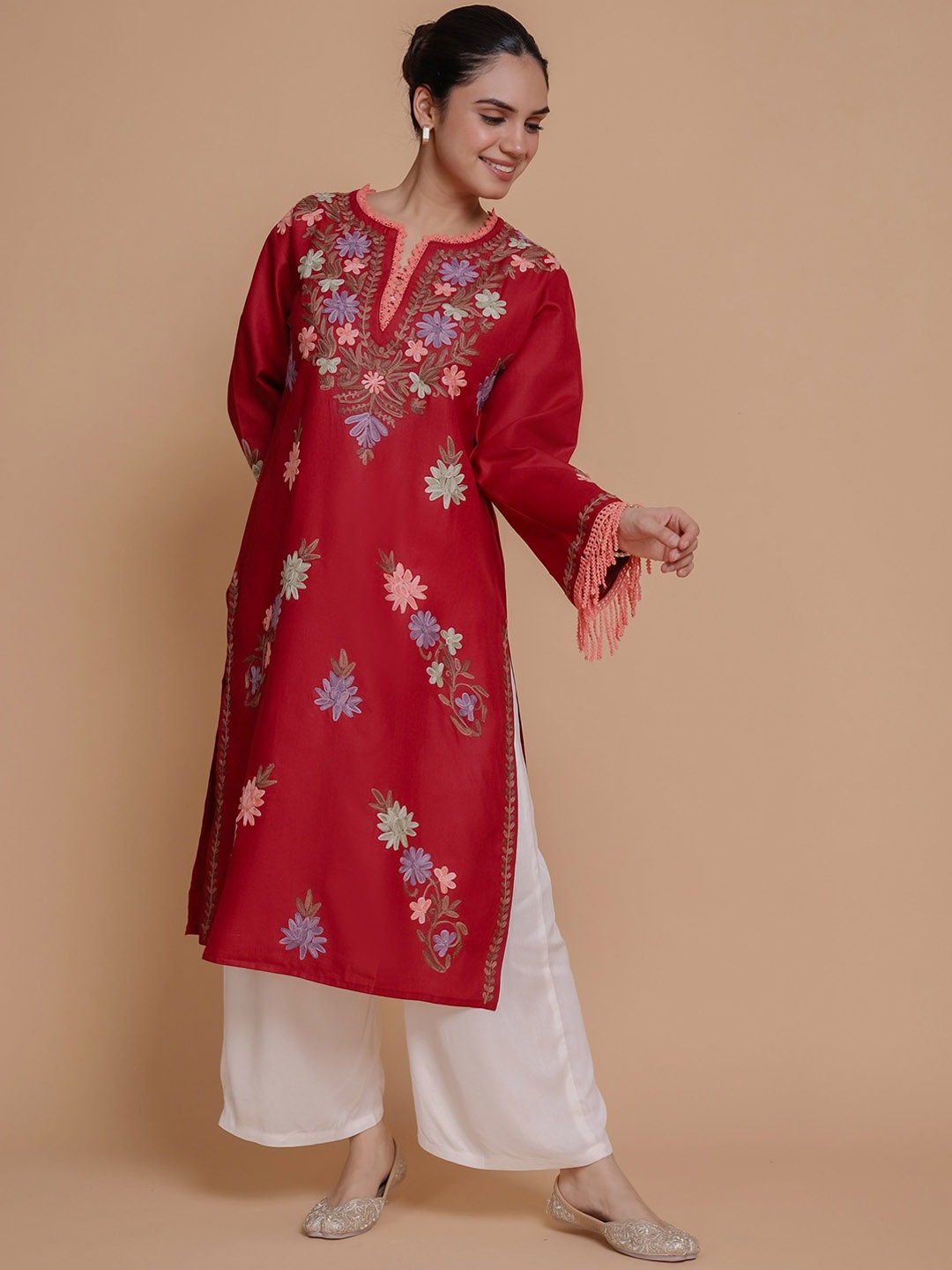 

HOUSE OF KARI Floral Embroidered Pastels Cotton Straight Kurta, Maroon