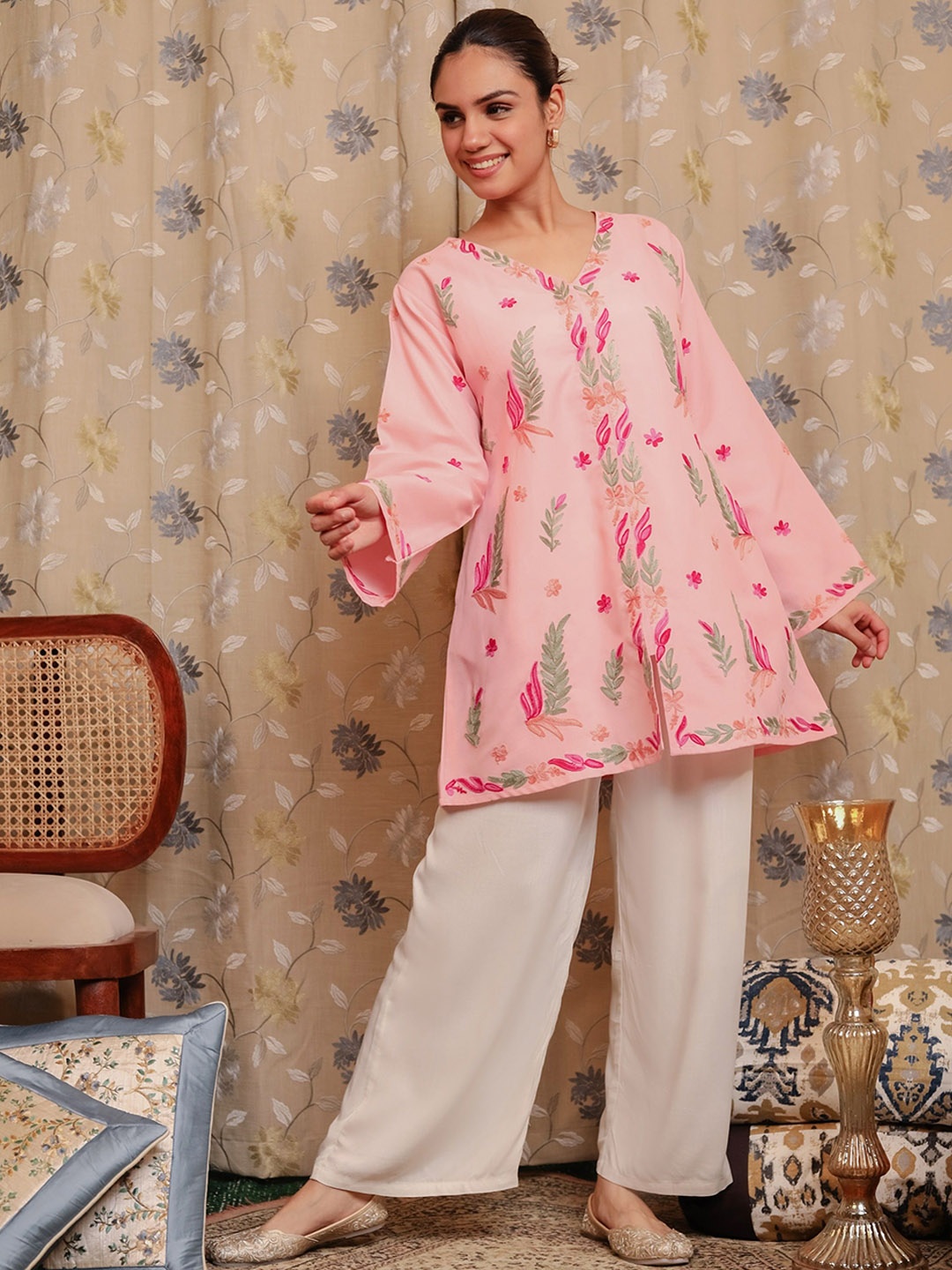 

HOUSE OF KARI Floral Embroidered Pastels Cotton A-line Kurta, Pink