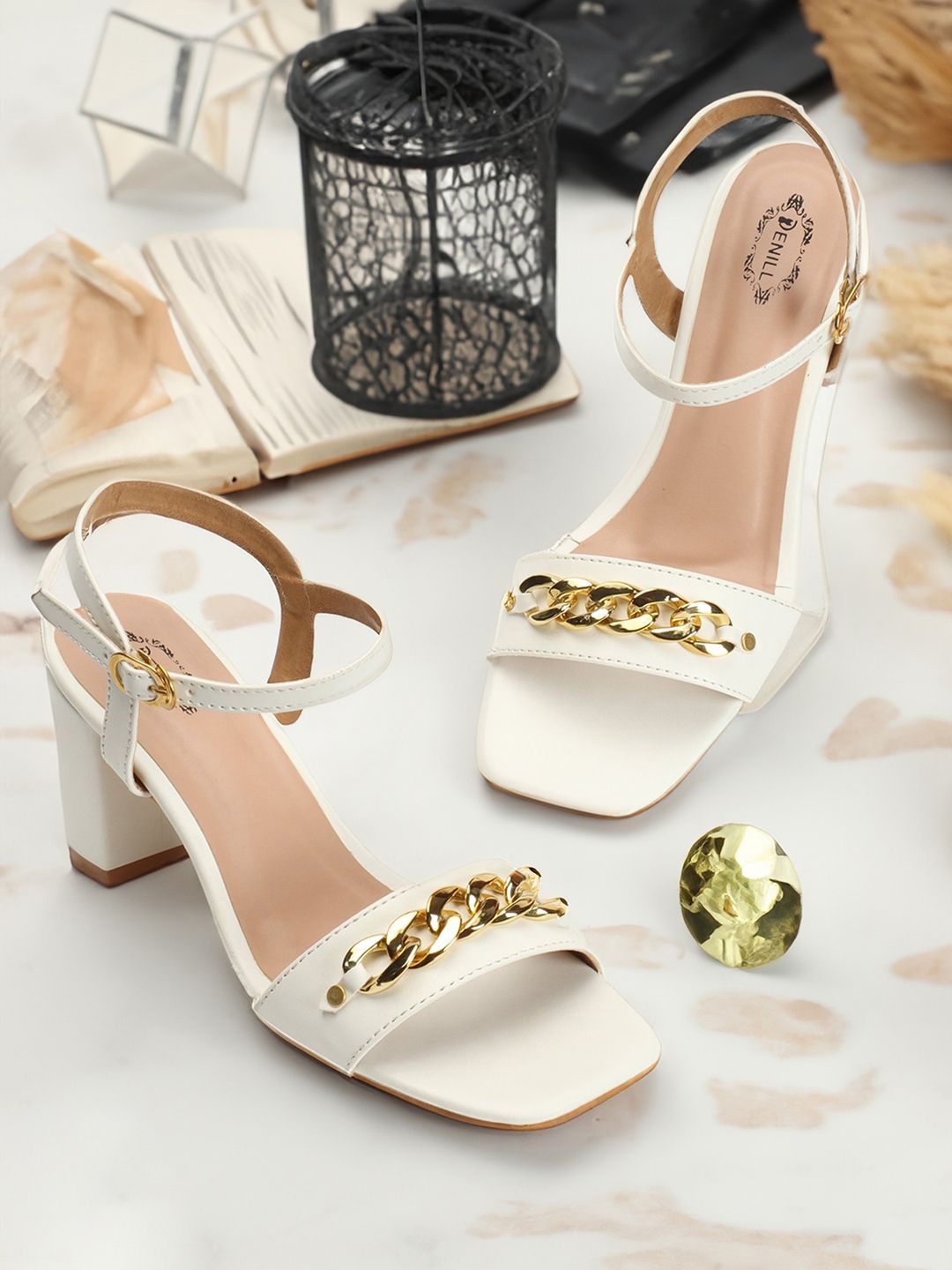 

Denill Embellished Open Toe Block Heels, White