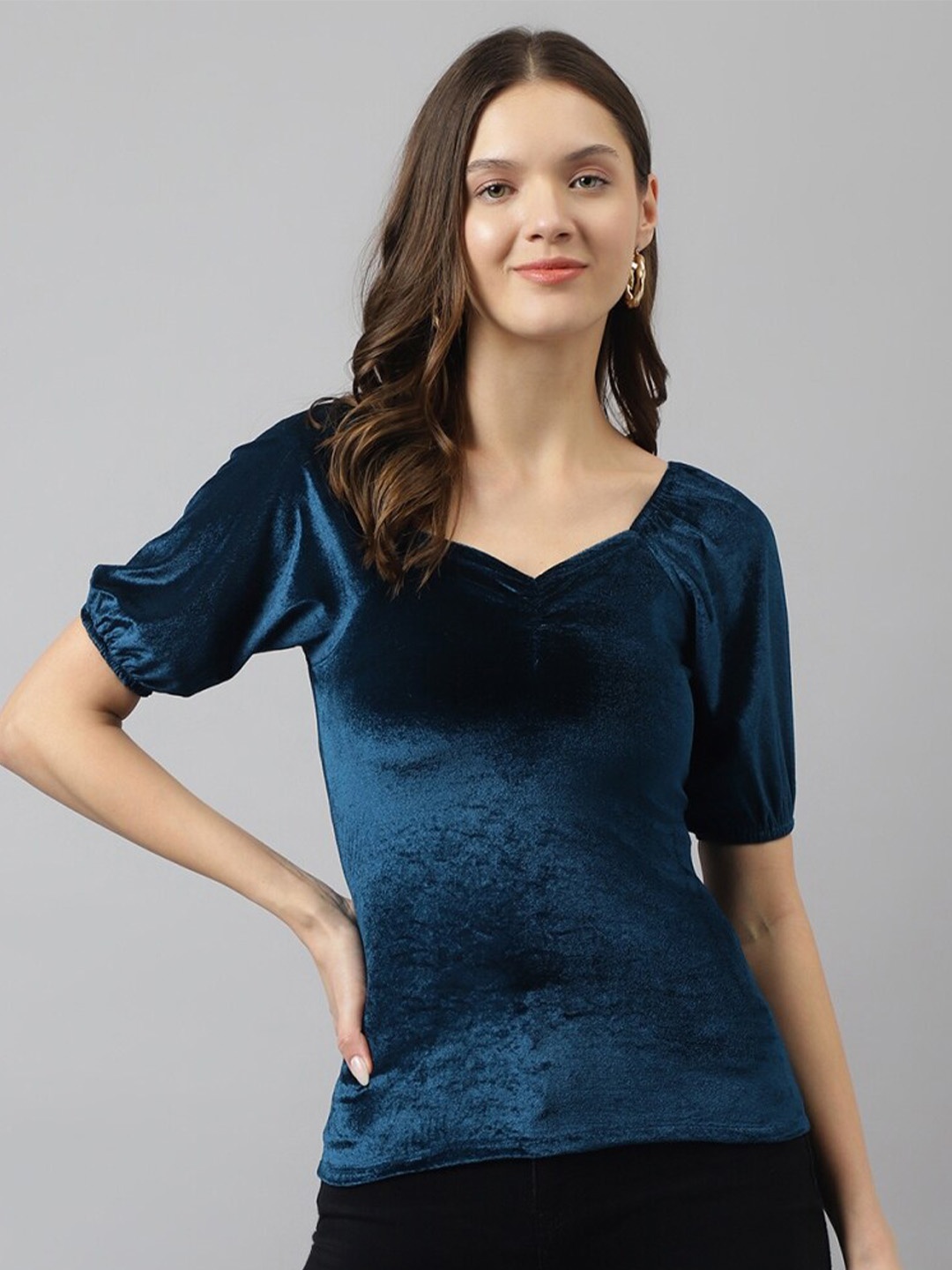 

BAESD Sweetheart Neck Puff Sleeves Velvet Regular Top, Blue