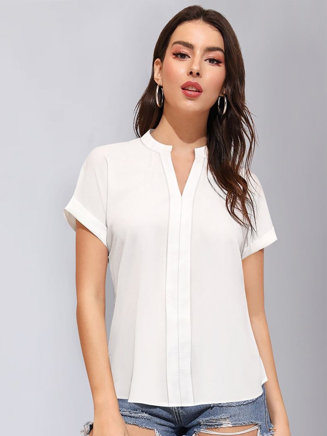 

BAESD Mandarin Collar Short Sleeves Shirt Style Top, White