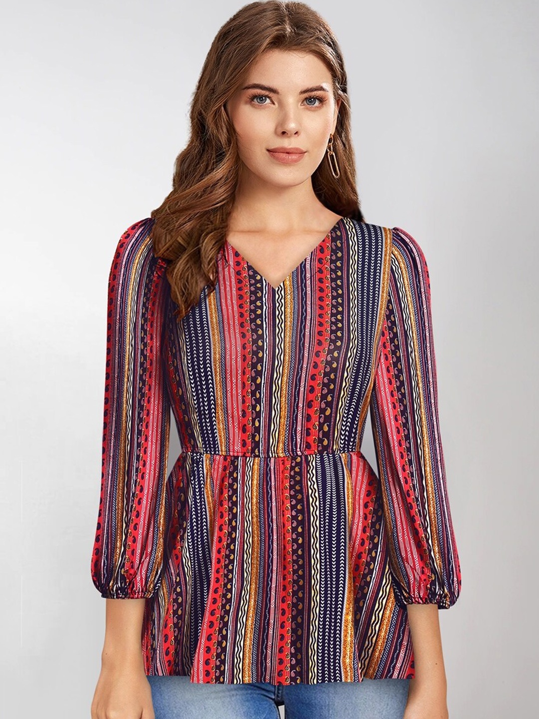

BAESD Ethnic Motifs Print Puff Sleeves Peplum Top, Red
