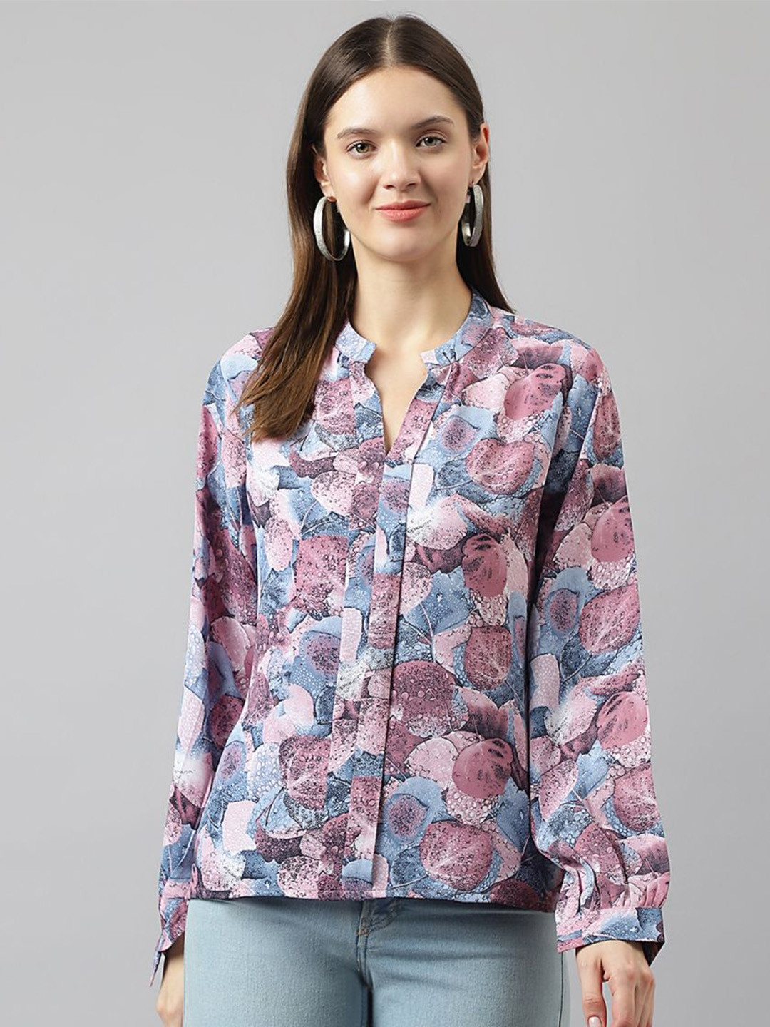 

BAESD Floral Print Mandarin Collar Cuffed Sleeves Shirt Style Top, Purple