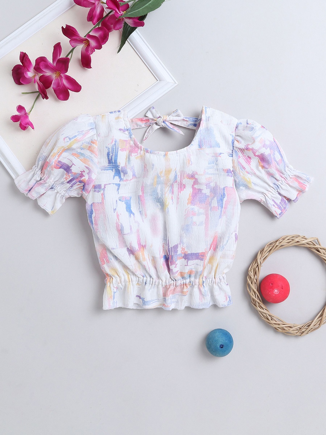 

YK Girls Abstract Printed Round Neck Puff Sleeves Gathered Pure Cotton Top, White