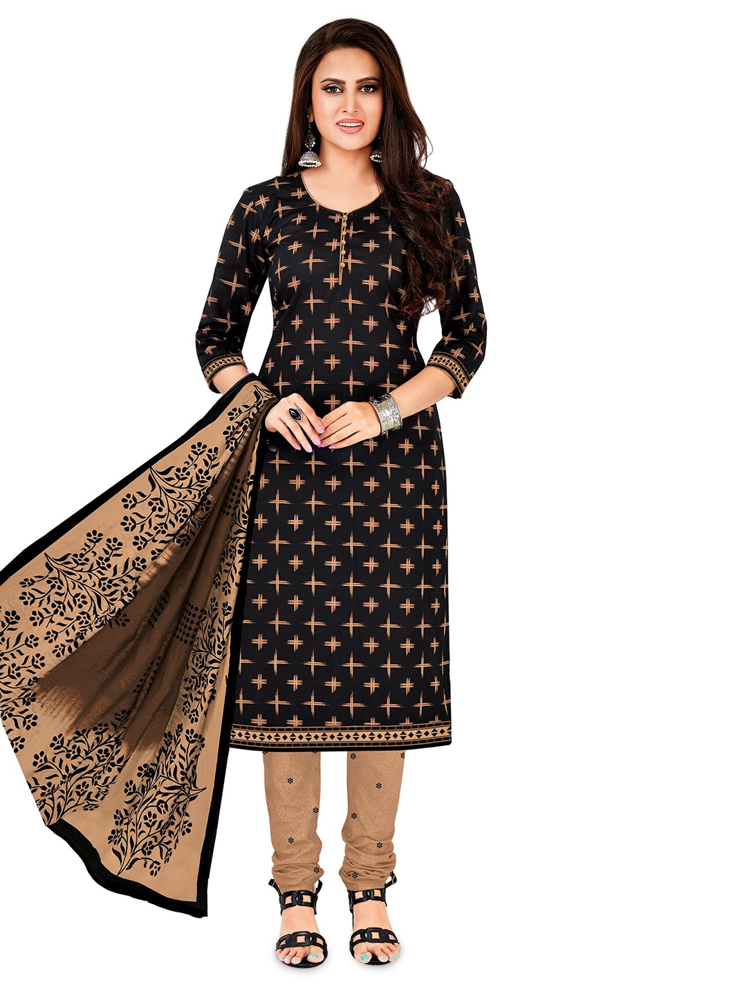 

MIRAAN Printed Pure Cotton Unstitched Dress Material, Black