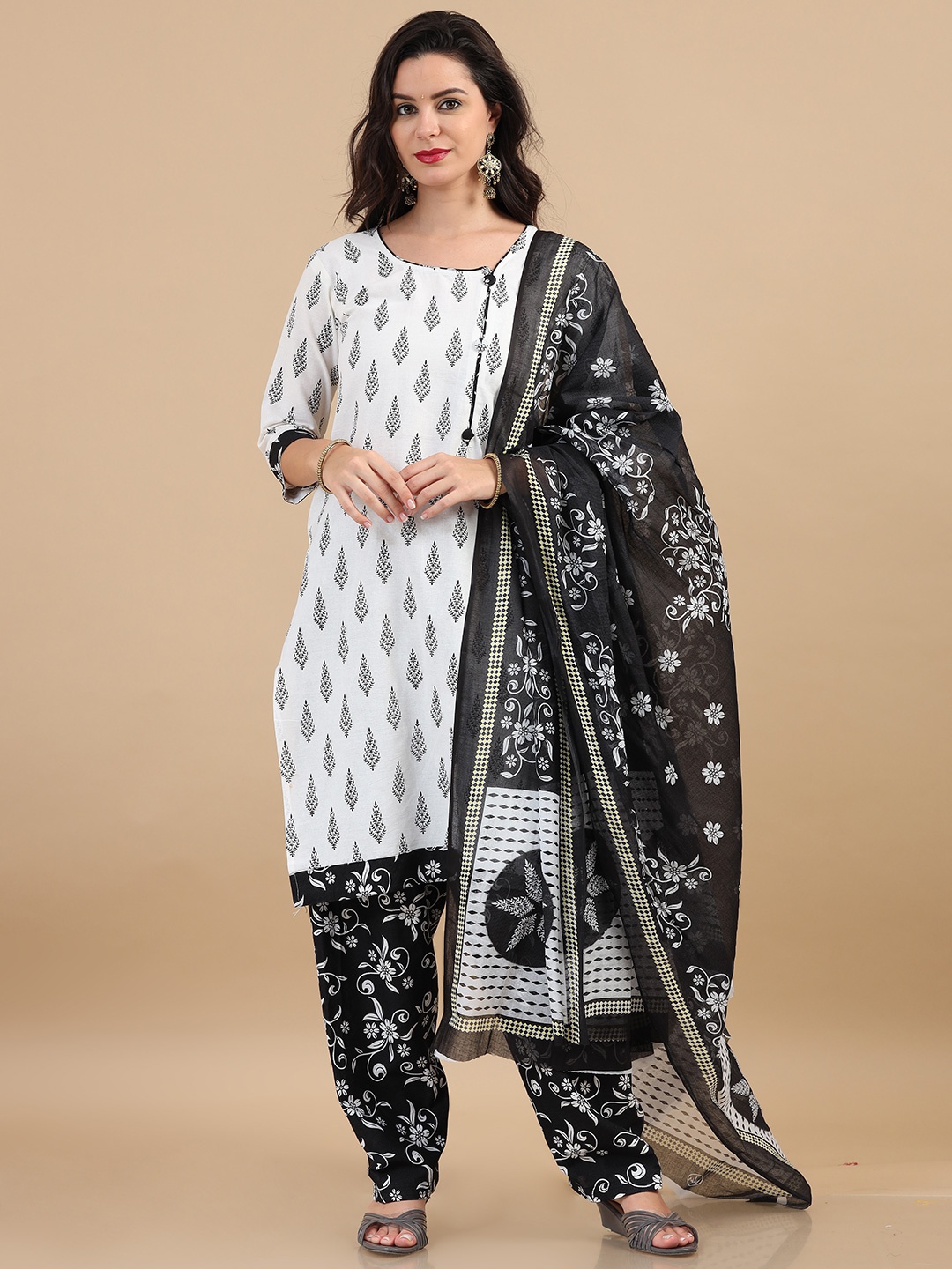 

MIRAAN Printed Pure Cotton Unstitched Dress Material, White