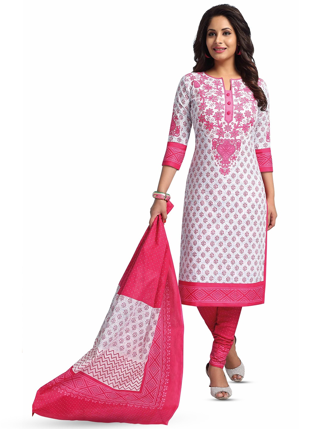 

MIRAAN Ethnic Motifs Printed Pure Cotton Unstitched Dress Material, Pink