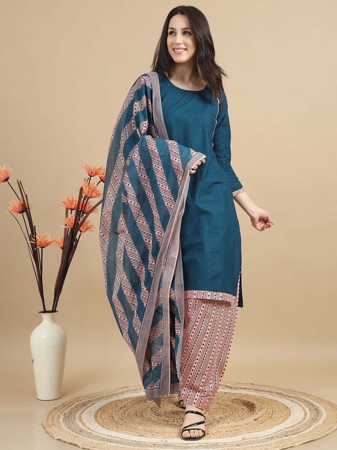 

MIRAAN Printed Pure Cotton Unstitched Dress Material, Blue
