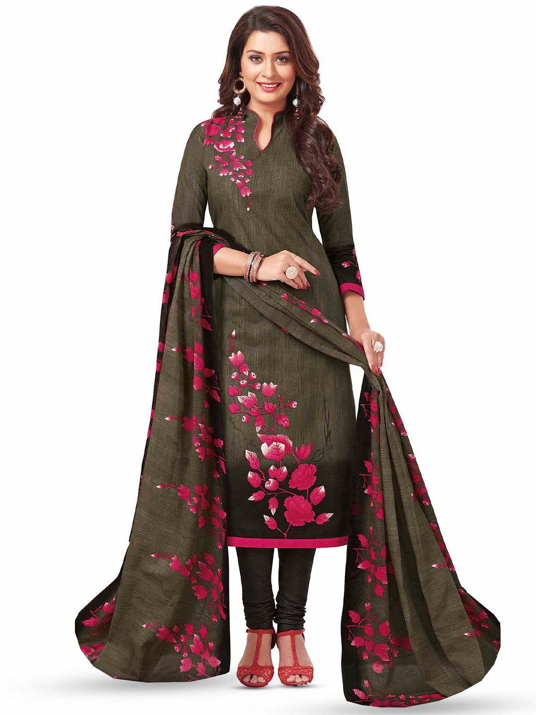 

MIRAAN Ethnic Motifs Printed Pure Cotton Unstitched Dress Material, Rose