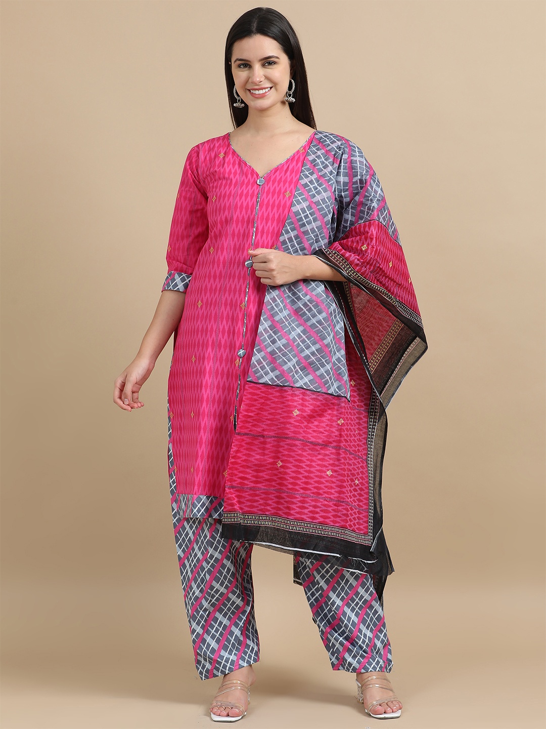 

MIRAAN Geometric Printed Pure Cotton Unstitched Dress Material, Pink