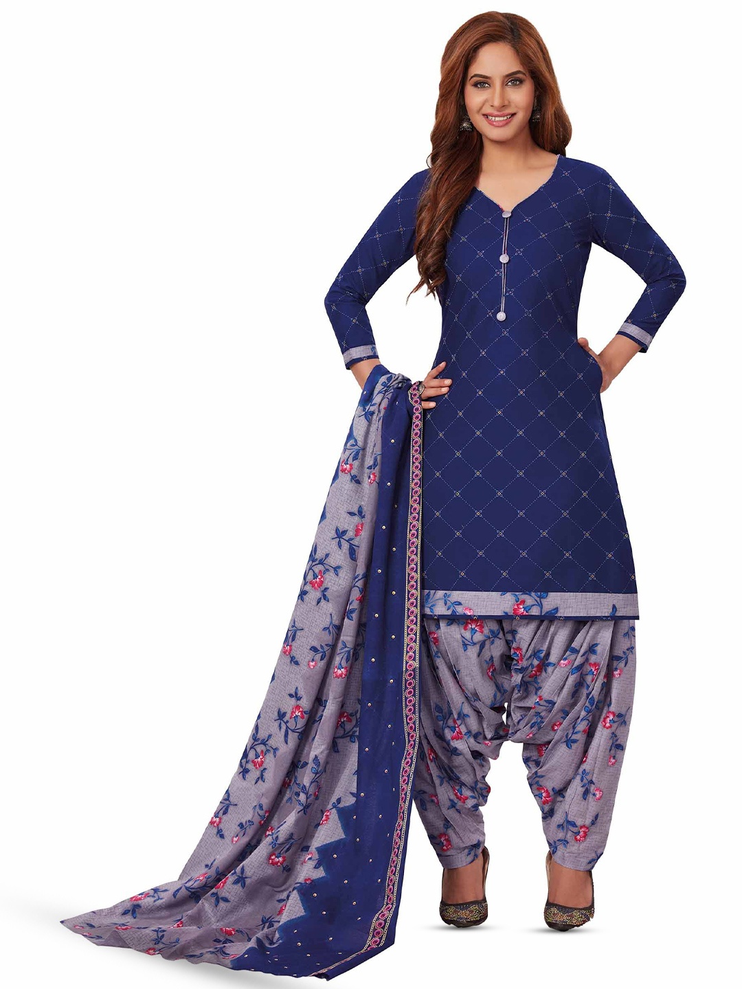 

MIRAAN Printed Pure Cotton Unstitched Dress Material, Blue