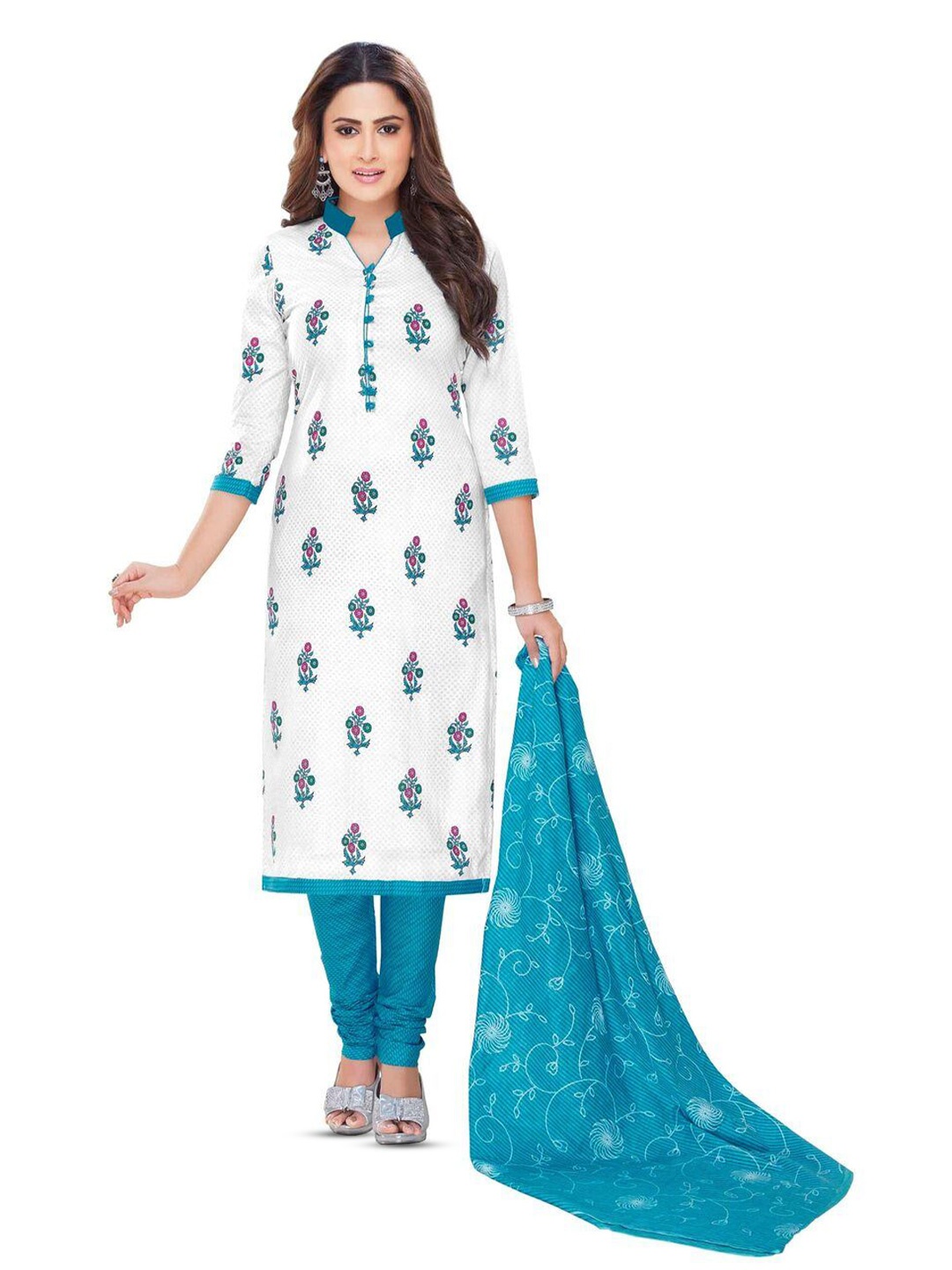 

MIRAAN Printed Pure Cotton Unstitched Dress Material, White