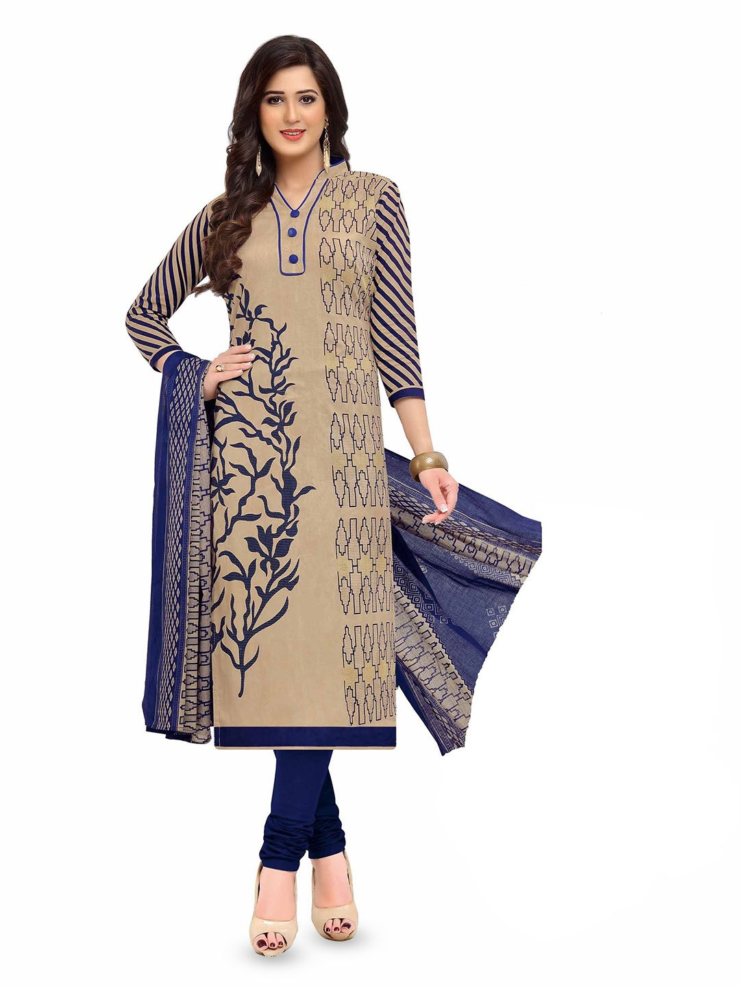 

MIRAAN Printed Pure Cotton Unstitched Dress Material, Beige