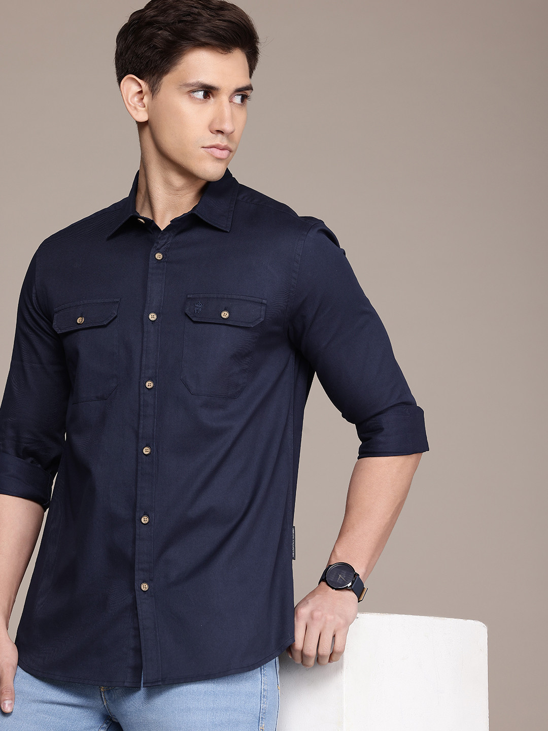 

French Connection Men Premium Slim Fit Pure Cotton Casual Shirt, Navy blue