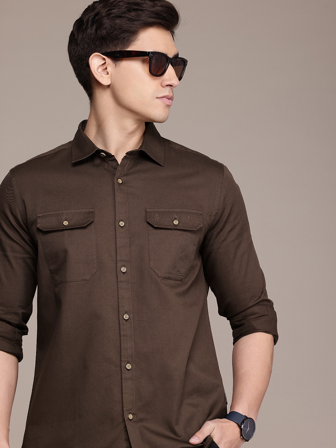 

French Connection Men Premium Slim Fit Pure Cotton Casual Shirt, Coffee brown