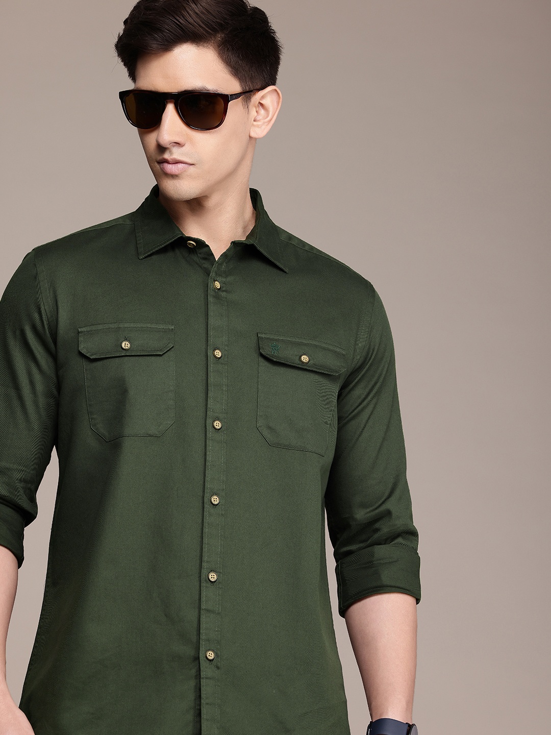 

French Connection Men Premium Slim Fit Pure Cotton Casual Shirt, Olive