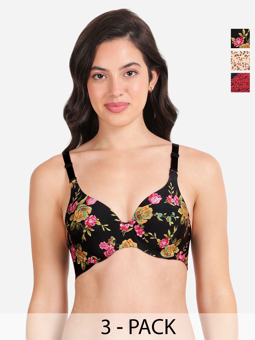 

shyaway women Floral Printed Medium Coverage Underwired Lightly Padded push up bra, Black