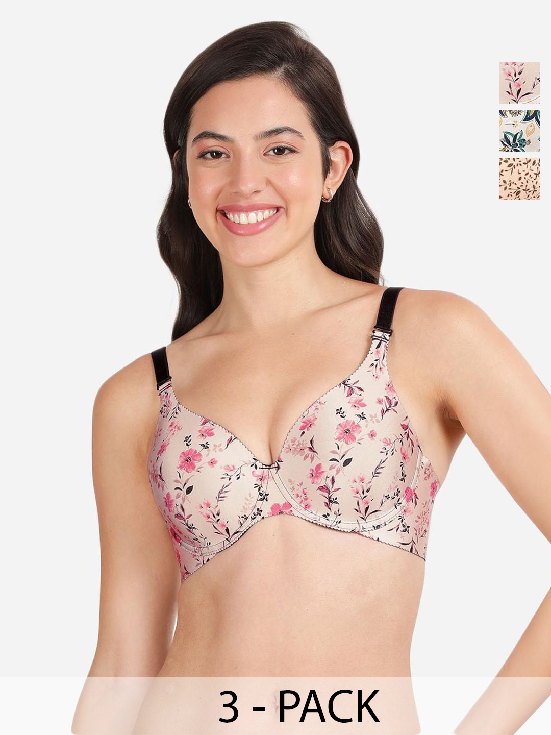 

shyaway Pack Of 3 Floral Medium Coverage Lightly Padded T-shirt Bras shya-c3b-1696, Beige