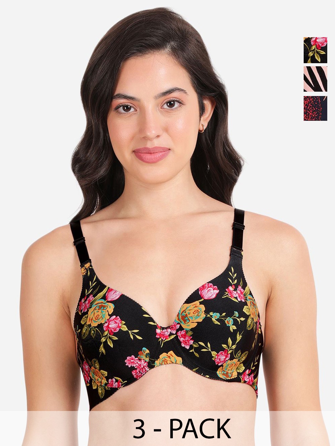 

shyaway Pack of 3 Floral T-shirt Bra - Medium Coverage Underwired Lightly Padded, Black