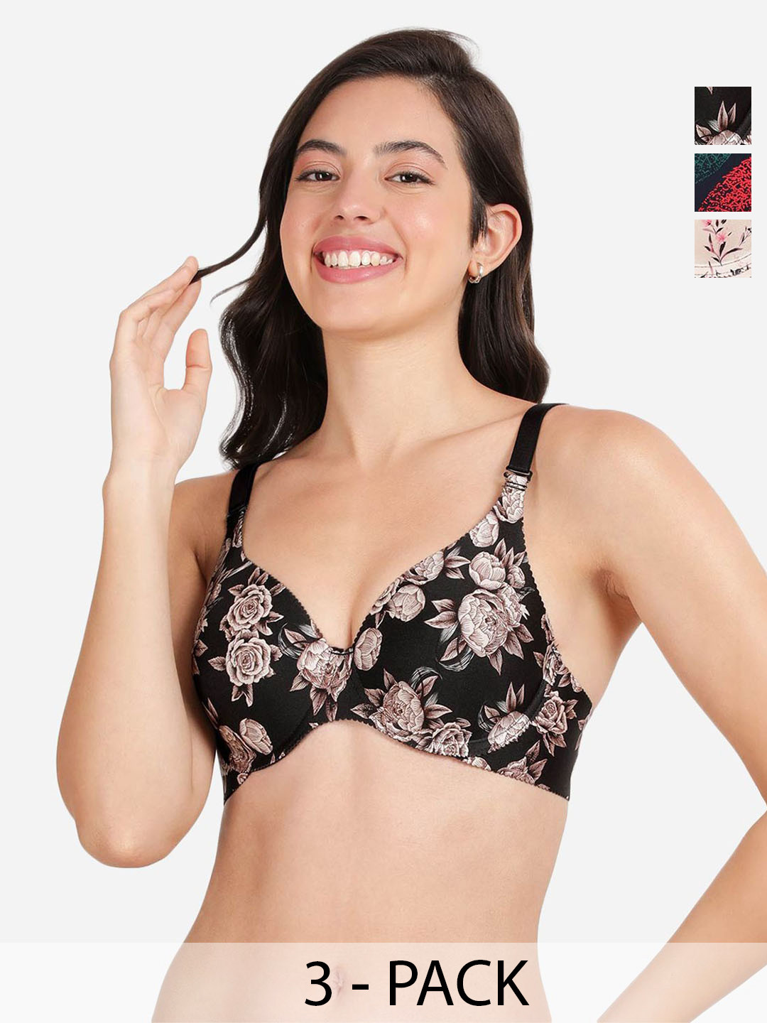 

shyaway Pack Of 3 Floral Bra Medium Coverage Underwired Lightly Padded shya-c3b-1698, Black