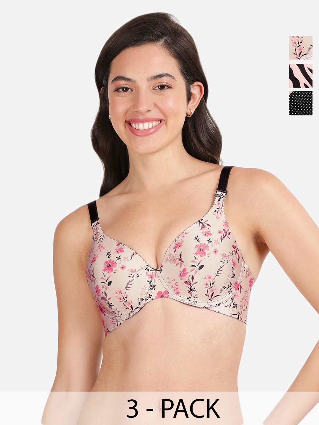 

shyaway women Pack of 3 Floral print Medium Coverage Underwired Lightly Padded push up bra, Black