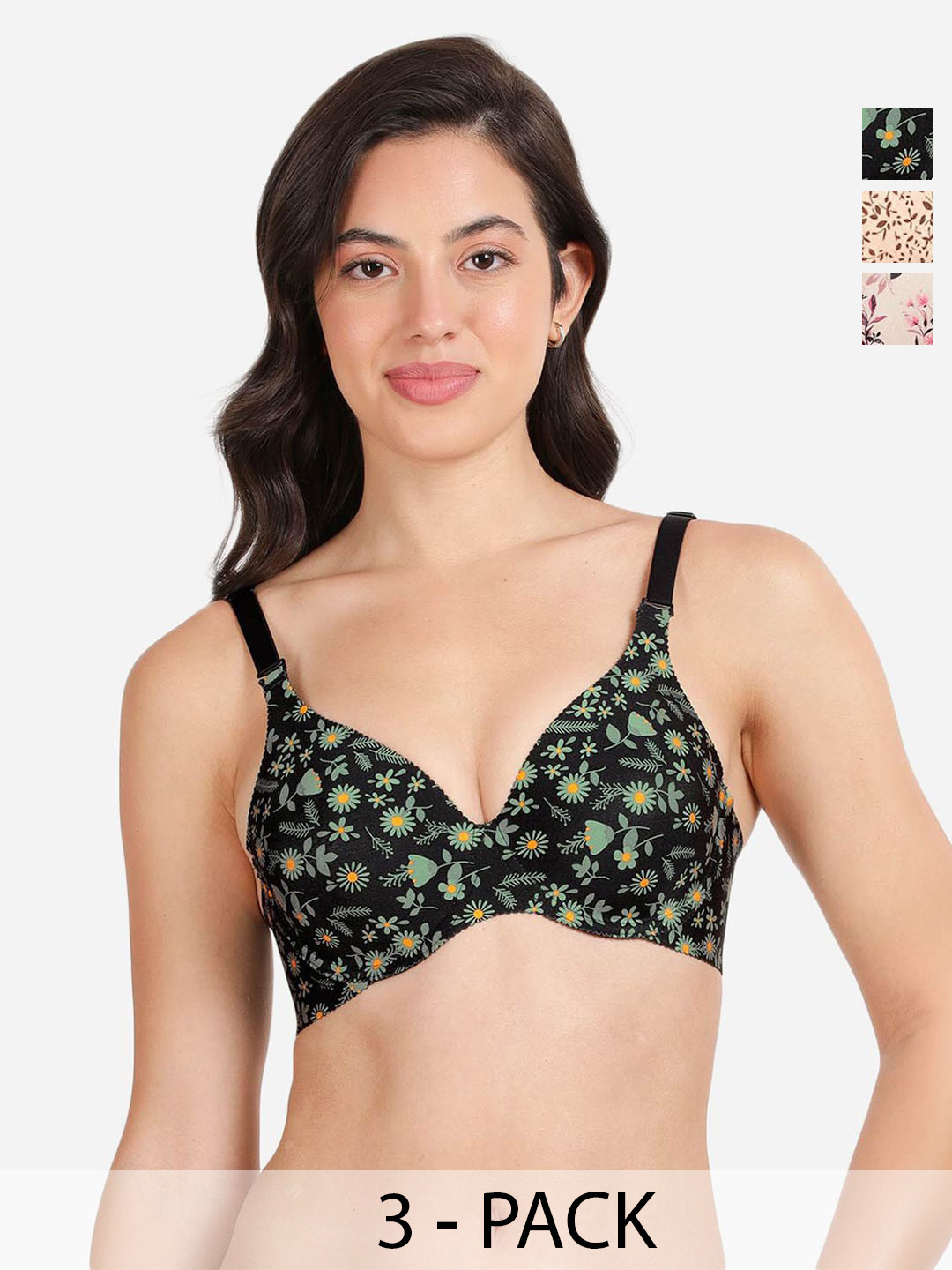 

shyaway women Pack of 3 Floral print Medium Coverage Underwired Lightly Padded push up bra, Black