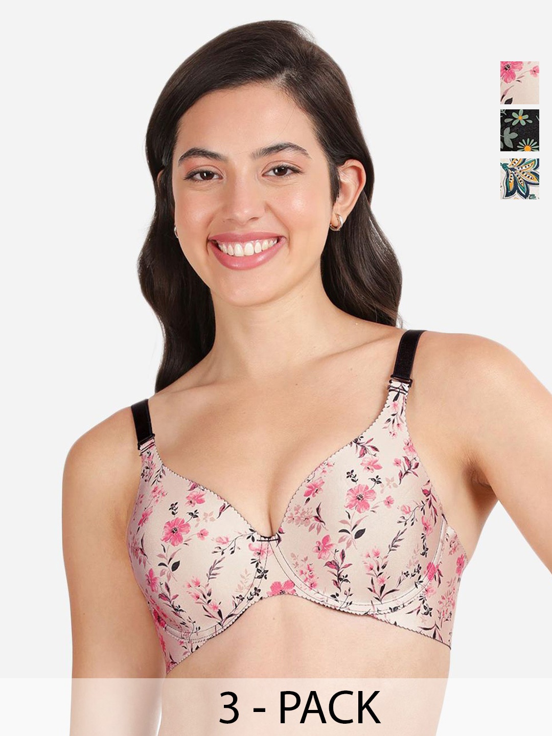 

shyaway Pack of 3 Floral T-shirt Bra - Medium Coverage Underwired Lightly Padded, Pink