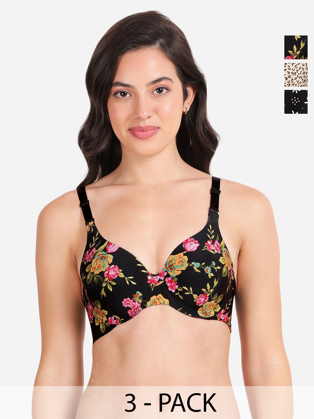 

shyaway Pack Of 3 Floral Print Medium Coverage Lightly Padded T-shirt Bra- All Day Comfort, Black