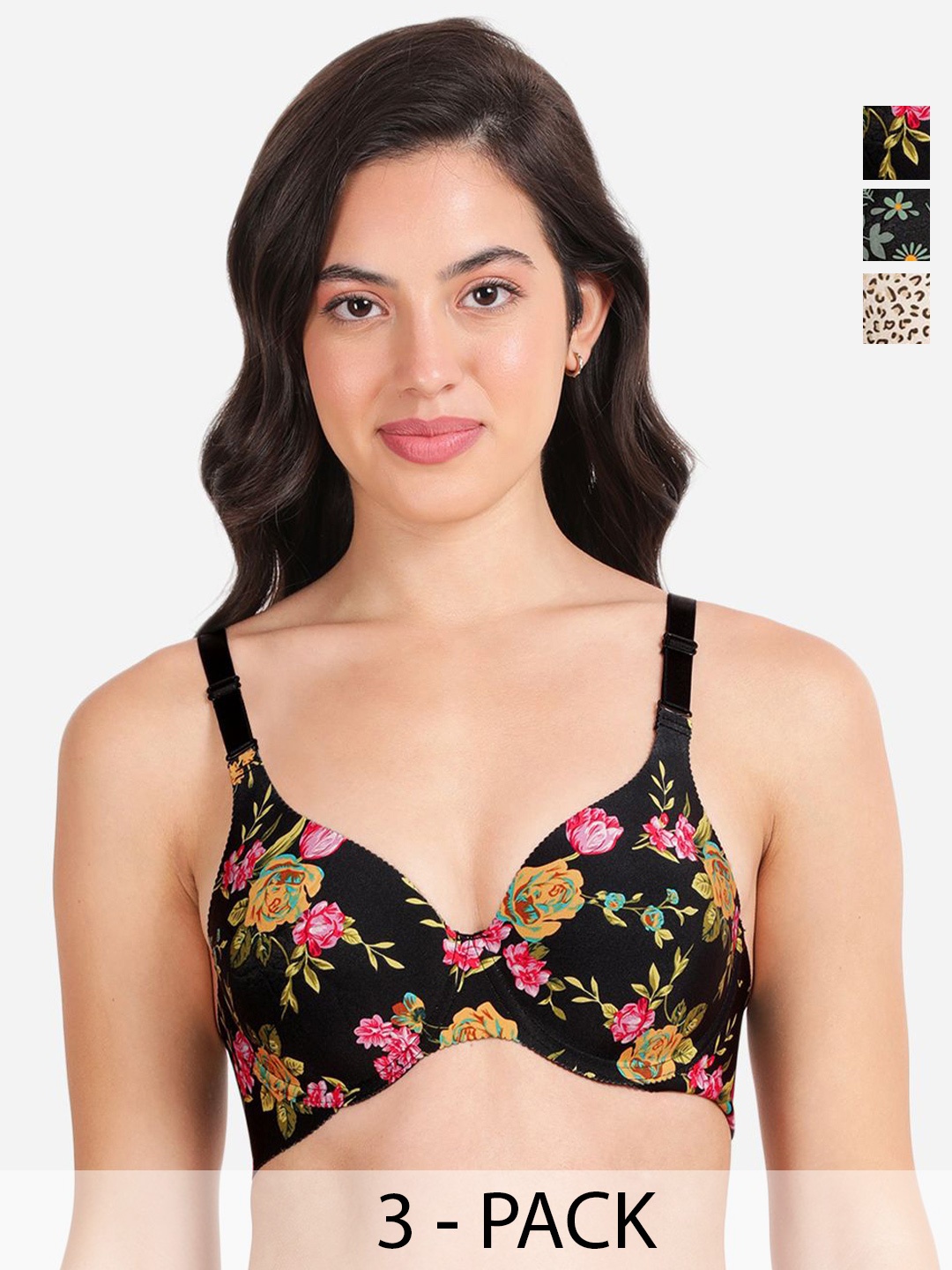 

shyaway Pack Of 3 Floral Underwired Lightly Padded T-shirt Bras With All Day Comfort, Black