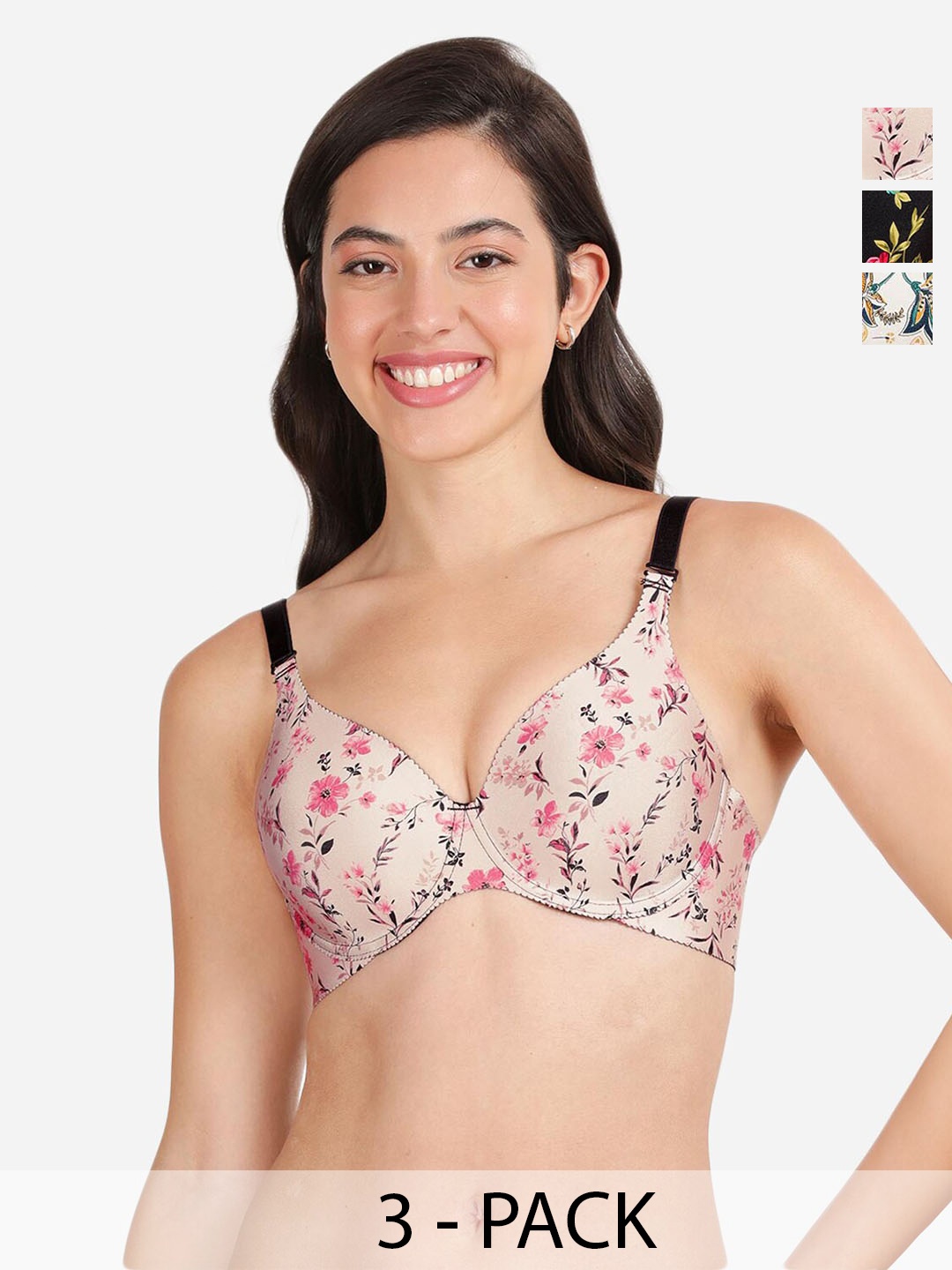 

shyaway Pack Of 3 Printed Medium Coverage Lightly Padded T-shirt Bras With All Day Comfort, White