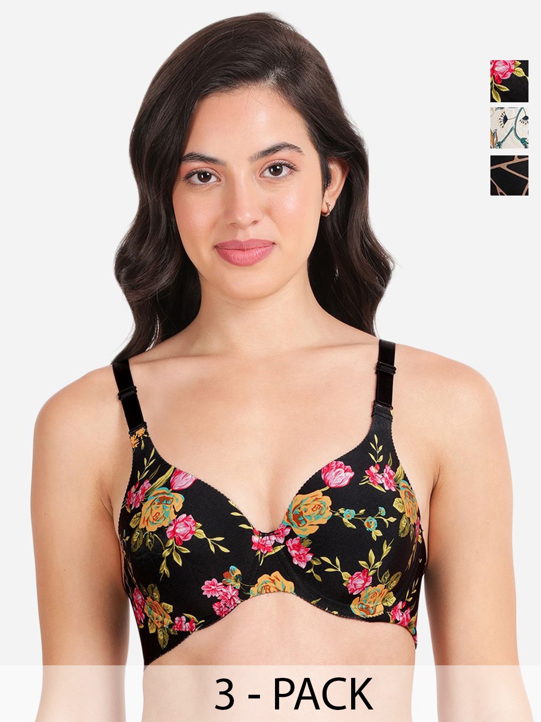 

shyaway Pack Of 3 Floral Underwired Lightly Padded T-shirt Bras With All Day Comfort, Black