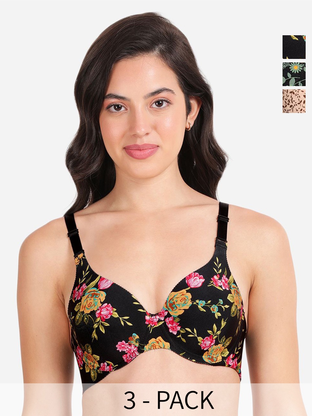 

shyaway Pack Of 3 Floral Printed Lightly Padded T-shirt Bra- All Day Comfort, Black