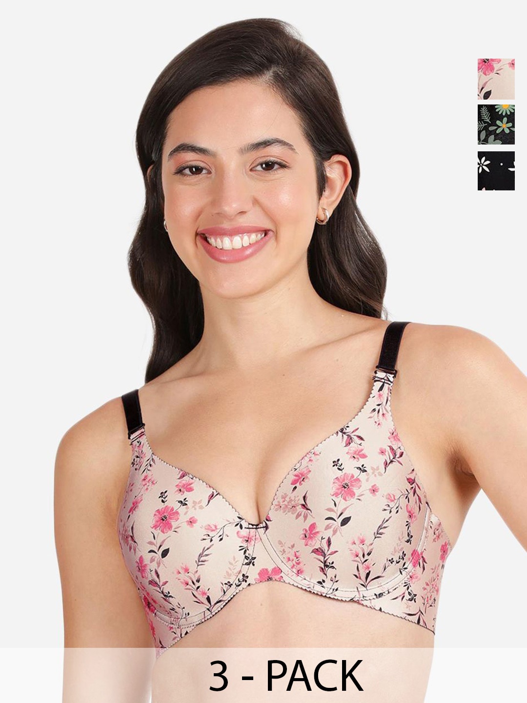 

shyaway Pack Of 3 Floral Print Medium Coverage Lightly Padded T-shirt Bra- All Day Comfort, Beige